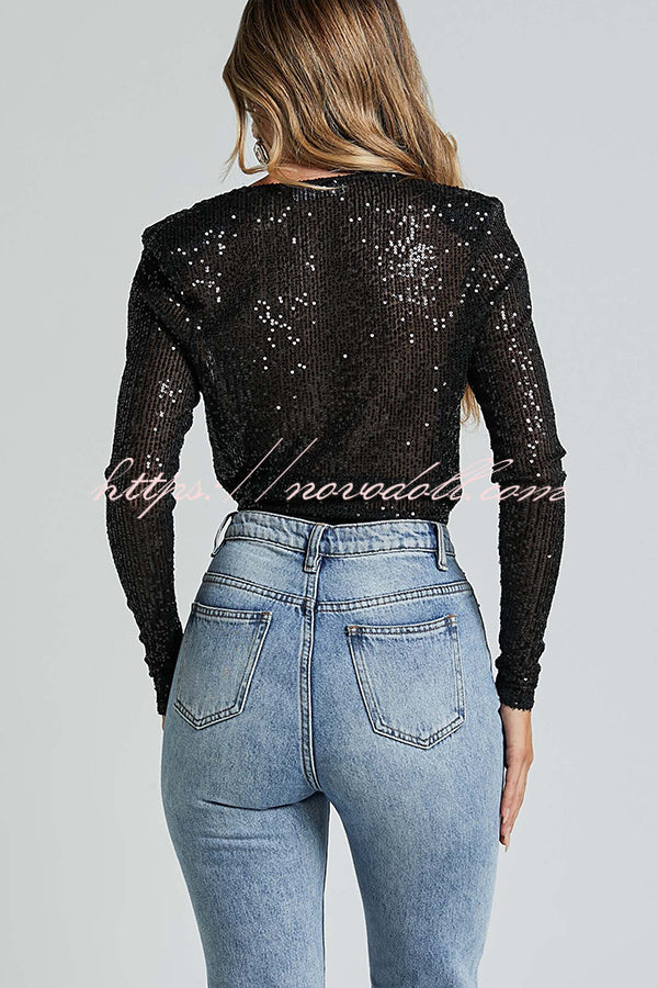 Alora Sequin Wrap Front Plunge Neck Long Sleeve Bodysuit