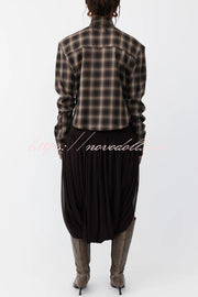 Vintage Plaid Shoulder Pad Buttons Long Sleeve Angled Hem Shirt