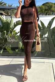 Solid Color Sleeveless Hollow Knit Crop Top and Elastic Slit Slim Midi Skirt Set