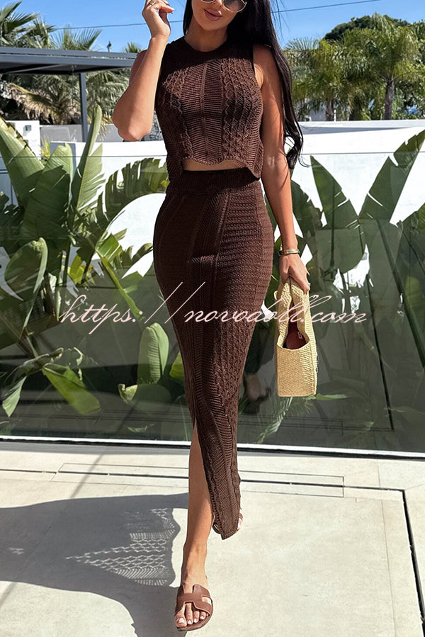 Solid Color Sleeveless Hollow Knit Crop Top and Elastic Slit Slim Midi Skirt Set