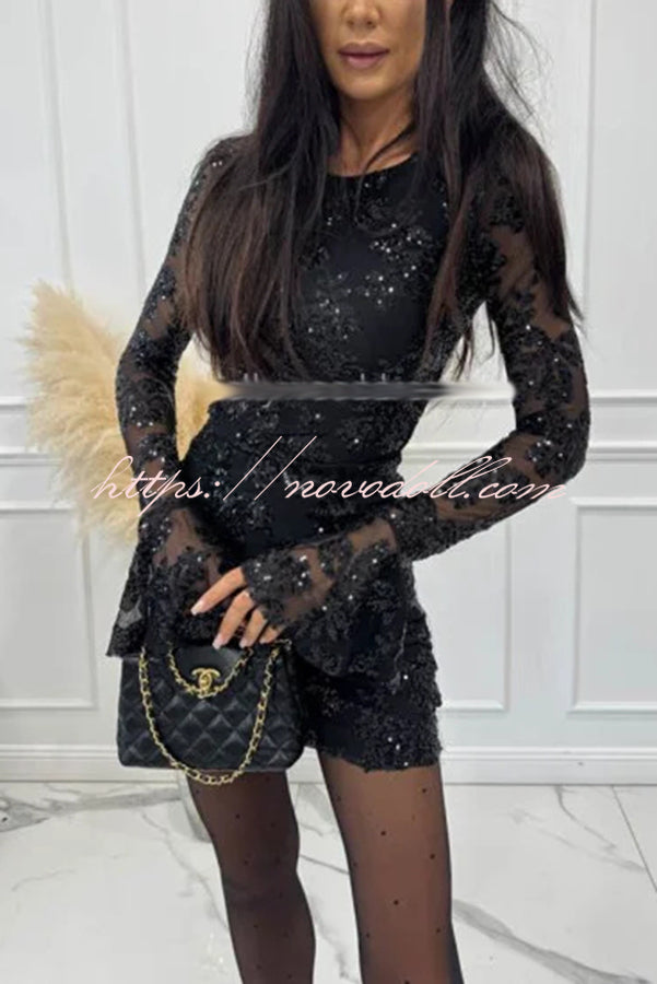 Deep and Dazzling Floral Texture Sequin Long Bell Sleeve Open Back Mini Dress