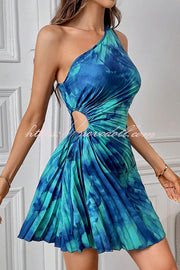 Fashion Tie-Dye One-Shoulder Hollow Pleated Mini Dress