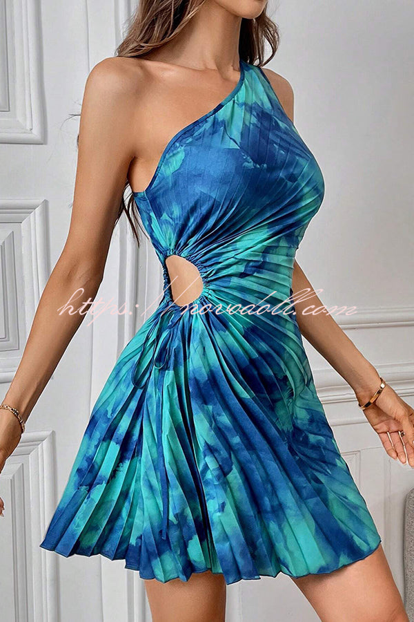 Fashion Tie-Dye One-Shoulder Hollow Pleated Mini Dress