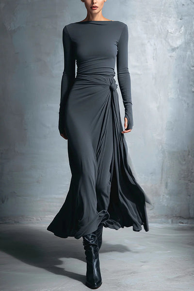 Solid Color Long-sleeved Slim-fit Knot Decoration Maxi Dress