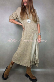 Solid Color Knitted Long-sleeved Casual Slit Midi Dress