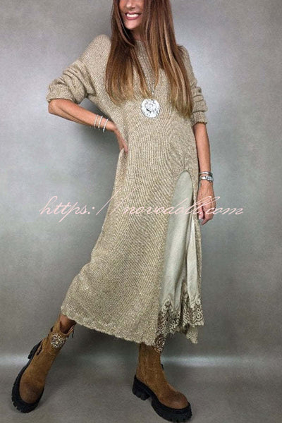Solid Color Knitted Long-sleeved Casual Slit Midi Dress