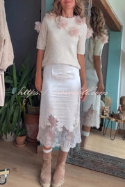 Alboran Knit Organza Flowers Detail Short Sleeve Loose Sweater