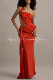 Sexy One-shoulder Backless Ribbon Pleated Slim Maxi Dress