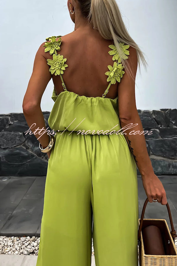 Solid Color Embroidered Flower Suspenders Casual Loose Jumpsuit