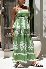 Unique Ethnic Print Suspender Pleated Top and Elastic Waist Loose Wide-leg Pants Set