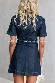 Street Chic Denim Shirt Neck Front Zip-up Stretch Mini Dress
