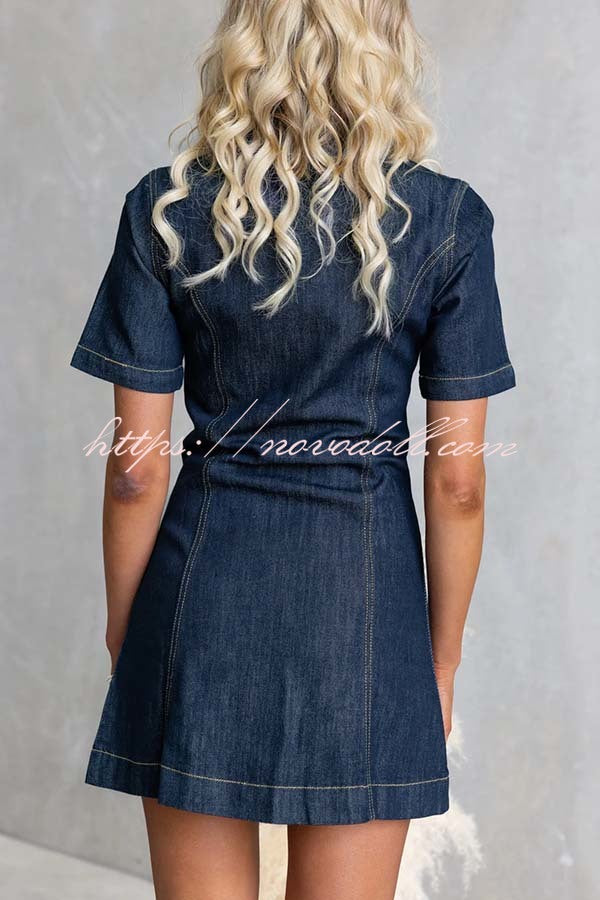 Street Chic Denim Shirt Neck Front Zip-up Stretch Mini Dress