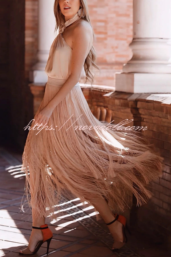 Elegant Tassel Hem Elastic Waist Casual Maxi Skirt