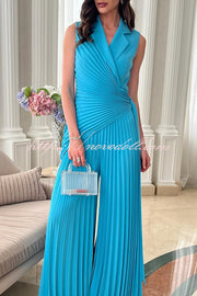 Solid Color Lapel Sleeveless Waist Tie Pleated Wide-leg Jumpsuit