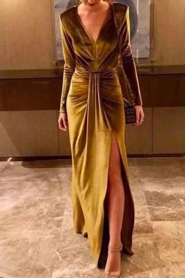 Solid Color Velvet V-neck Long Sleeve Elegant Slit Maxi Dress