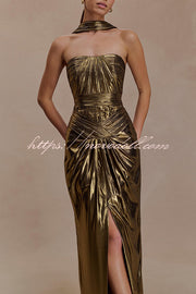 Clemence Plisse Metallic Fabric Reverse Halter Beck Strap Drape Slit Maxi Dress