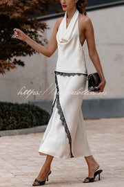 Iriena Satin Lace Trim Cowl Halter Neck Tank and Mid Rise Midi Skirt Set