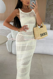 Solid Color Knit Hollow Crew Neck Sleeveless Beach Cover Up Maxi Dress