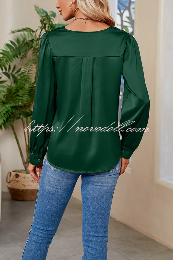 Satin Pleated V-neck Long-sleeved Loose Shirt