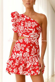 Floral Print One-shoulder Ruffled Waist Cutout Mini Dress