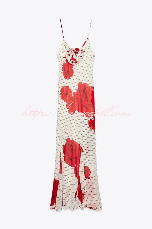 Vanna Poka Dot Floral Print 3D Flower Detail Slip Maxi Dress