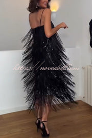 Chic Celebration Layered Sequined Tassels Slip Strapless H-line Midi Dress