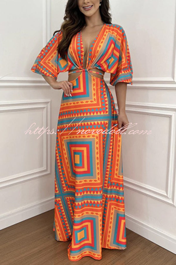 Wilma Unique Print Cutout Elastic Waist Tie-up Kimono Sleeve Maxi Dress