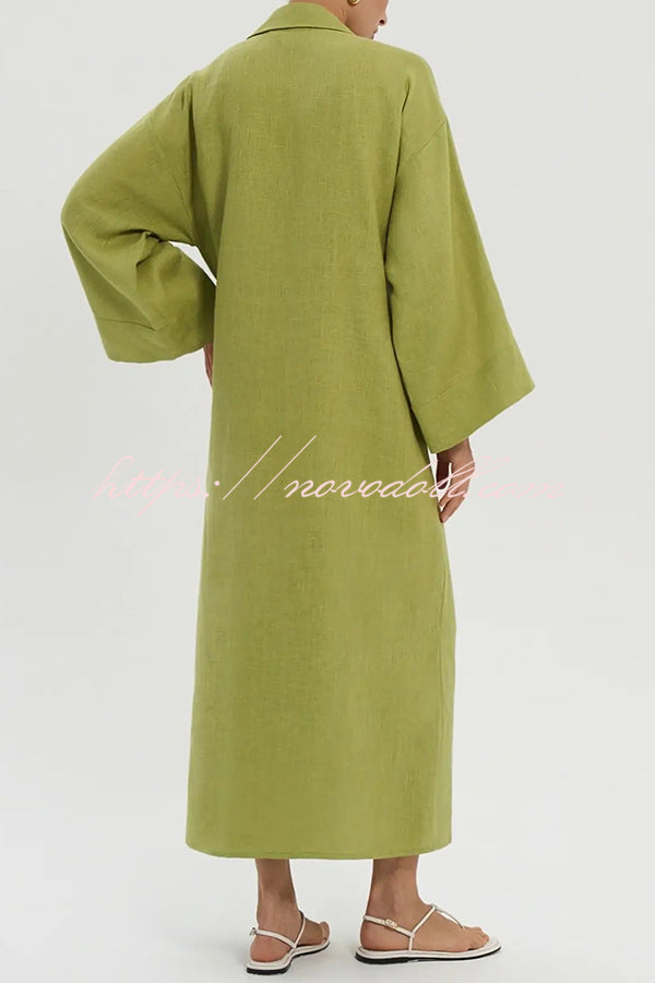 Linen Blend Solid Color Casual Lapel Tie Loose Maxi Dress