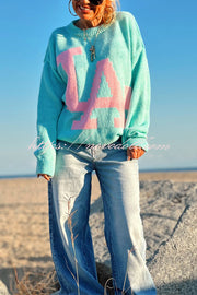 Letter Pattern Crew Neck Long Sleeve Loose Knit Sweater