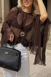 Solid Color Chiffon Elegant Bell Sleeve Loose Cover-up Top