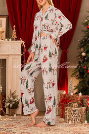 Christmas Holiday Print Long Sleeve Pocket Top and Elastic Waist Loose Pants Set