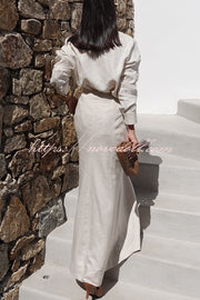 Natural Tone Linen Blend Button Up Blouse and High Rise Pocketed Maxi Skirt Set