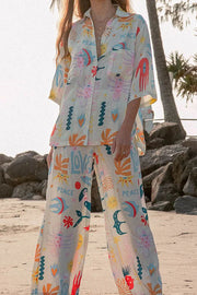 Abstract Sea Creature Print Button Pockets Elastic Waist Pant Suit