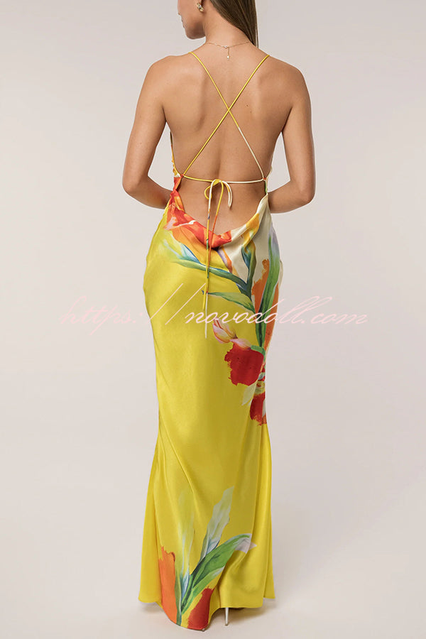 Luisa Satin Floral Print Cowl Neck Sexy Open Back Tie-up Maxi Dress