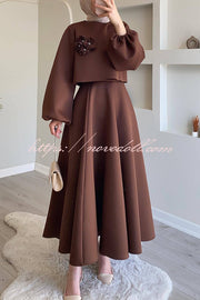 Solid Color Flower-embellished Lantern Sleeve Loose Top and Casual Maxi Skirt Set