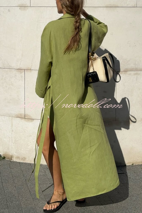 Linen Blend Solid Color Casual Lapel Tie Loose Maxi Dress