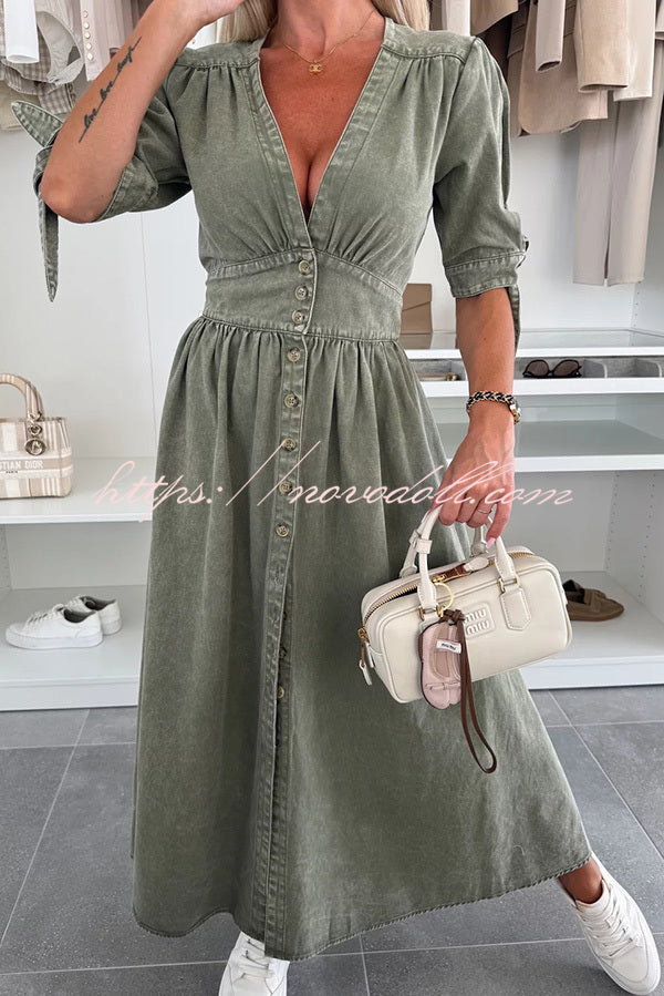Solid Color V-neck Button-down Denim Midi Dress