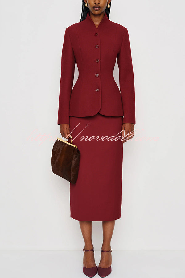 Retro Dramatic Stand Neck Button Up Long Sleeve Curved Waist Jacket