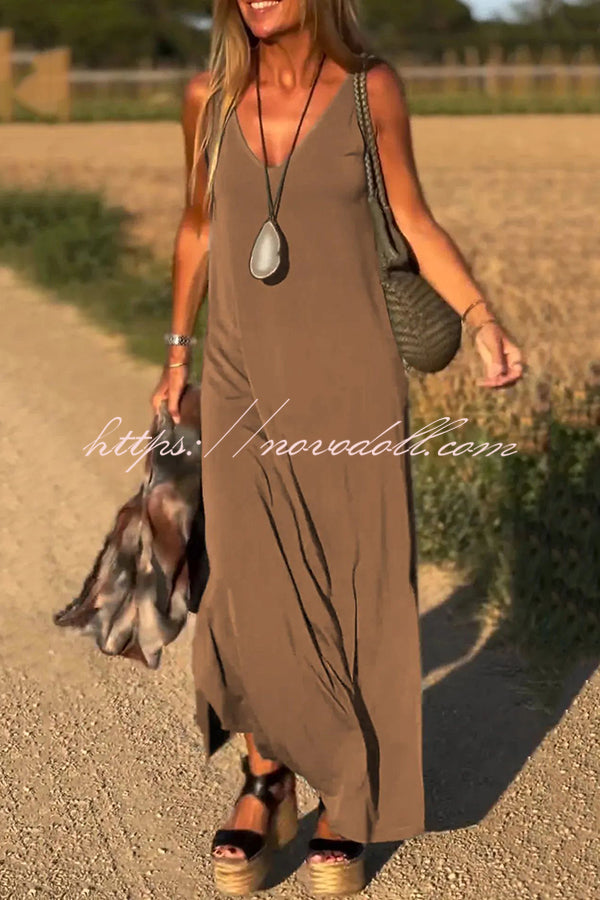 Solid Color V-neck Sleeveless Casual Loose Maxi Dress