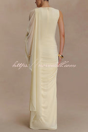 Fashionable Mesh Shawl Sleeveless Slim Fit Pleated Maxi Dress