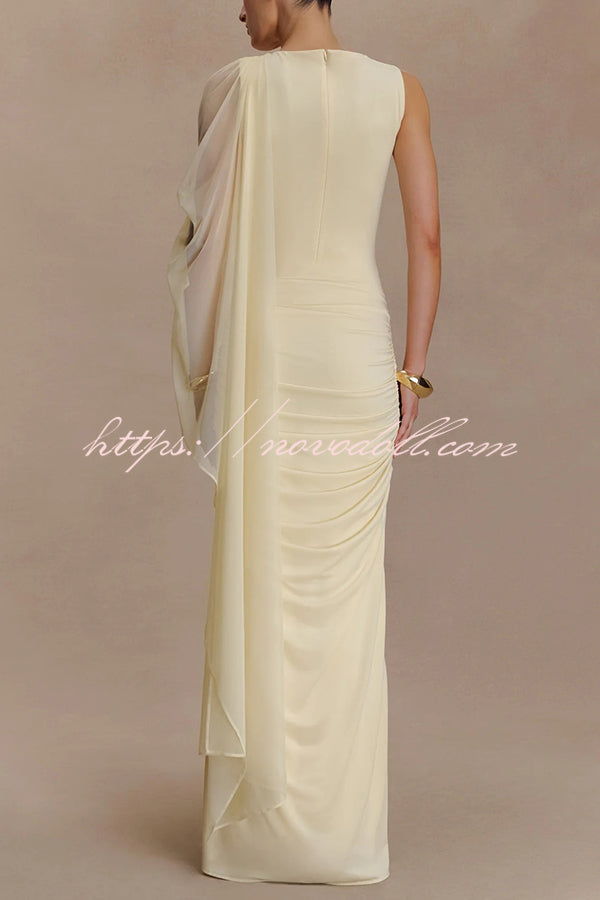 Fashionable Mesh Shawl Sleeveless Slim Fit Pleated Maxi Dress