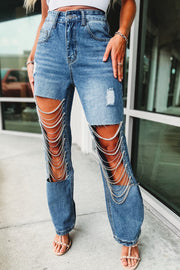 Casual Pocket Ripped Chain Embellished Straight Jeans