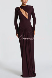 Sexy Cutout Fitted Long-sleeved Pleated Satin Ribbon Maxi Dresses