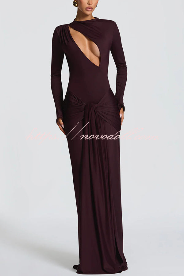 Sexy Cutout Fitted Long-sleeved Pleated Satin Ribbon Maxi Dresses