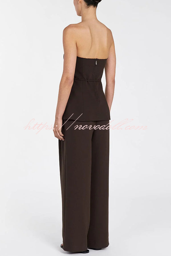 Retro Style Lace-up Tube Top and Casual Pocket Straight Pants Set