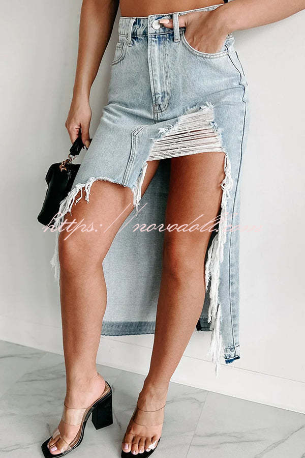 Darla Cutting Ties Heavily Distressed Denim Maxi Skirt