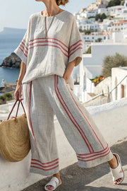 Linen Blend Unique Print Half Sleeve Top and Elastic Waist Pocket Loose Pants Set