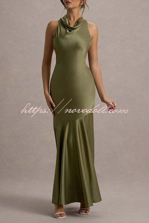 Timeless Sophistication Satin Cowl Detail Back Self-tie Halter Neck Maxi Dress