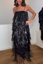 Chic Celebration Layered Sequined Tassels Slip Strapless H-line Midi Dress