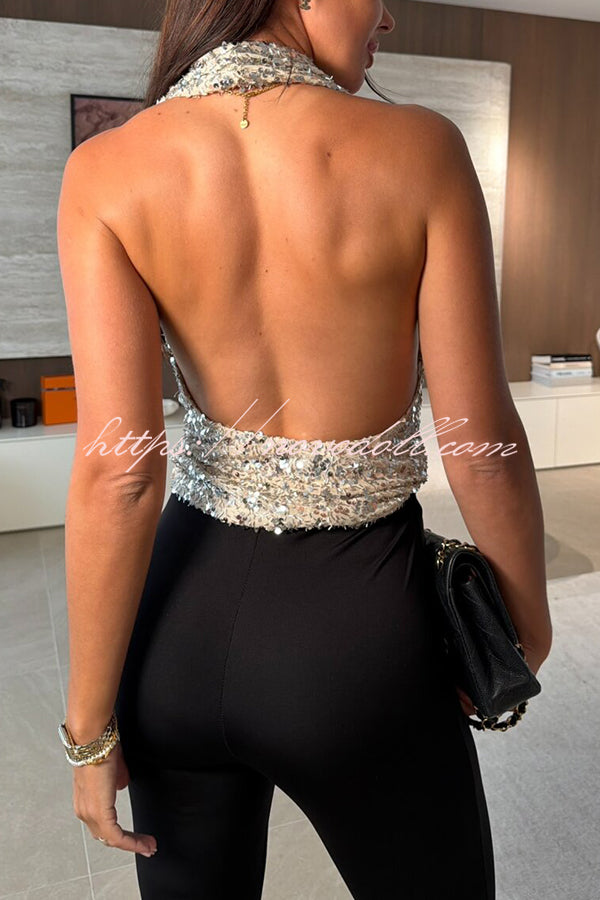 Dazzling Night Sequin Halter Cowl Neck Backless Tank